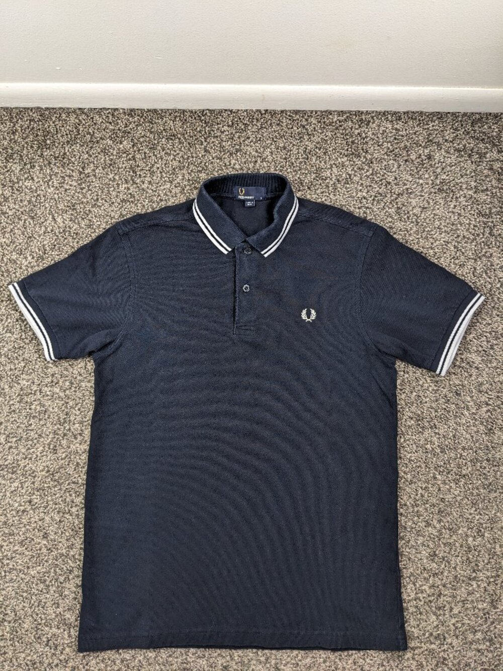 Fred Perry Polo Shirt Pique Cotton Twin Tipped Navy Blue Mens Small